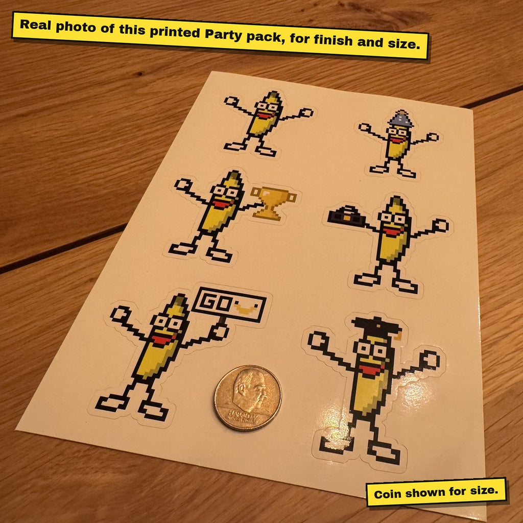 Printed A5 sticker sheet of pixel bananas on a wooden table.