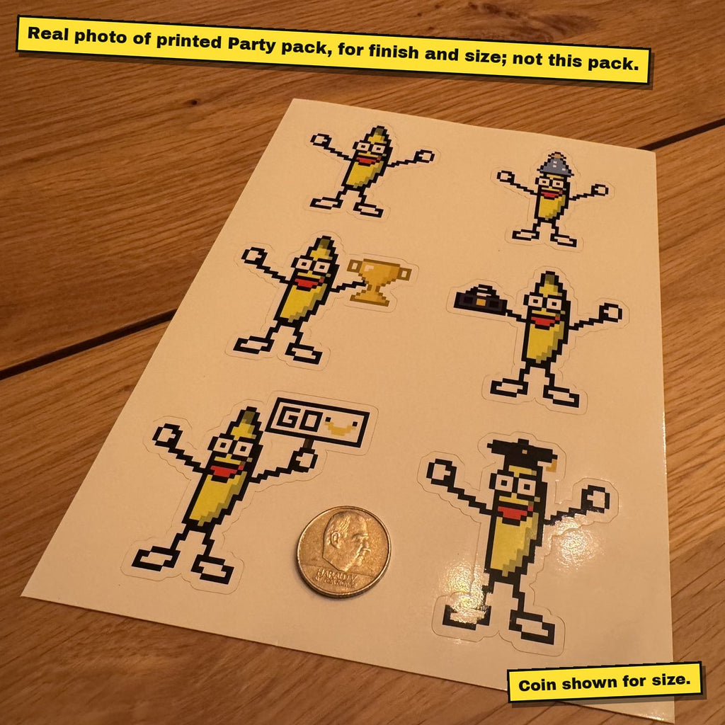 Printed A5 sticker sheet of pixel bananas on a wooden table.